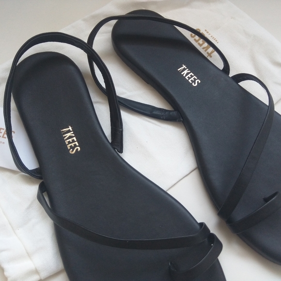 Tkees LC Sandals Leather Black Slingback Strappy Flats 9 - Picture 12 of 15
